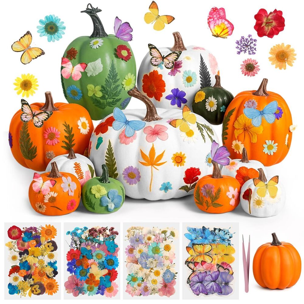 4114 12 Pcs Artificial Pumpkins Fall Decor with 150 Pcs Dried Flower